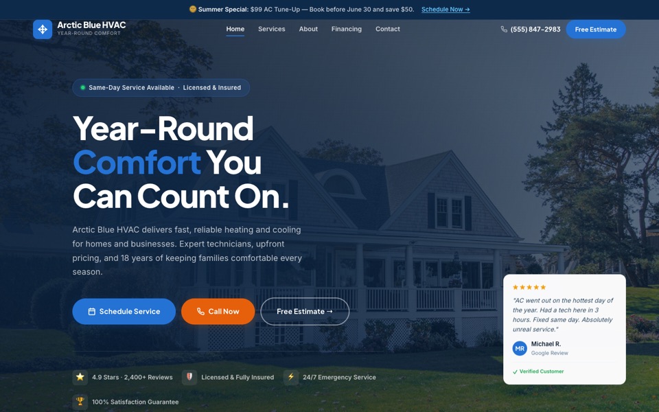 Custom website design example for an HVAC company