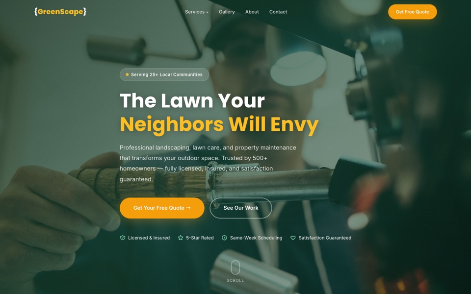 Custom website design example for a landscaping company