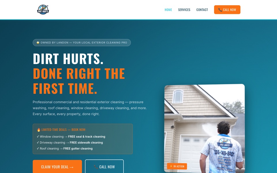 Dirt Hurts website, live client site built by War-Buck Marketing